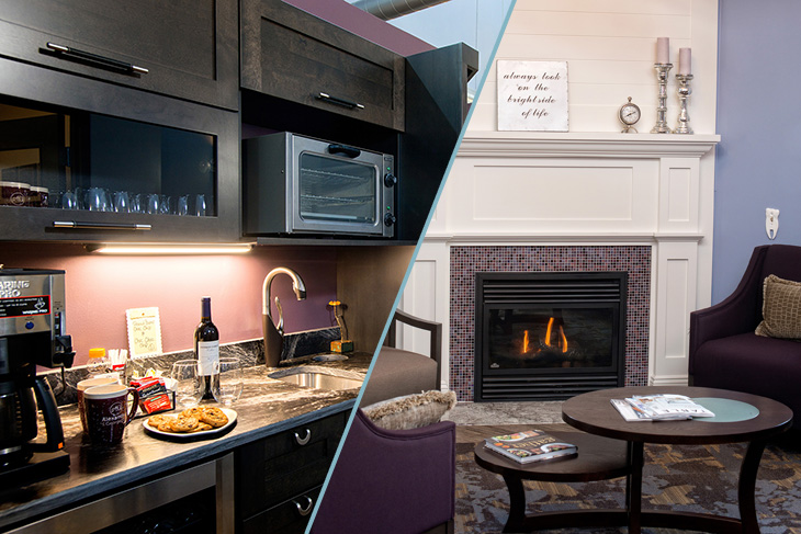 Coffee bar and fireplace